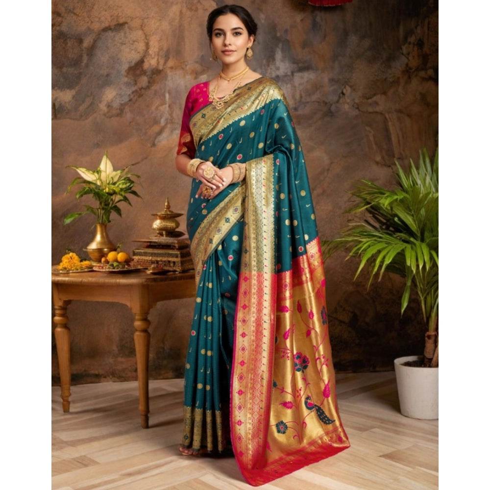 Generic Women's Silk Blend Zari Weaving Saree With Unstitched Blouse 5.5Mtr (Rama) - MYLUXURY LANE ENTERPRISE